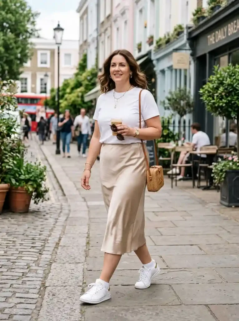 Satin Midi Skirt + Basic White Tee