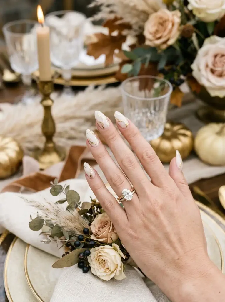 Marble Ivory Nails with Gold Veins