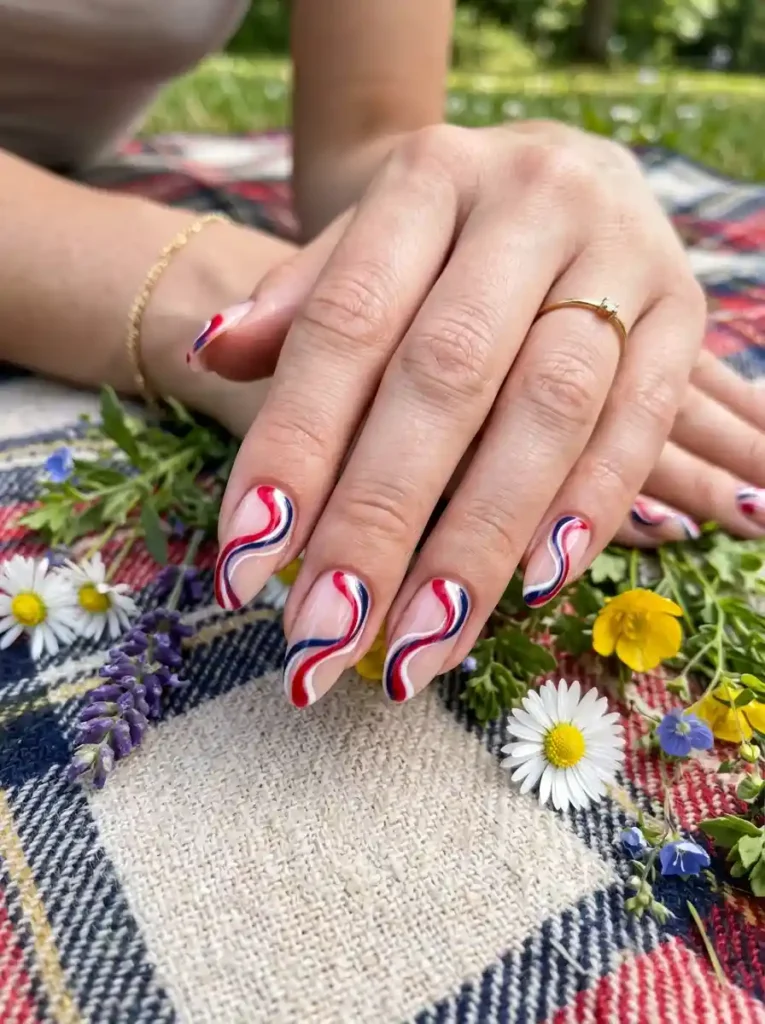 Red, White & Blue Swirl Nails