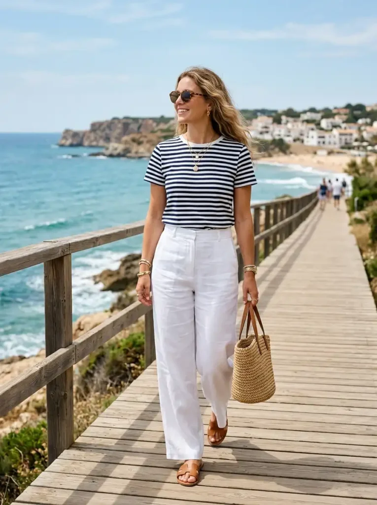 Striped T-Shirt with White Linen Pants