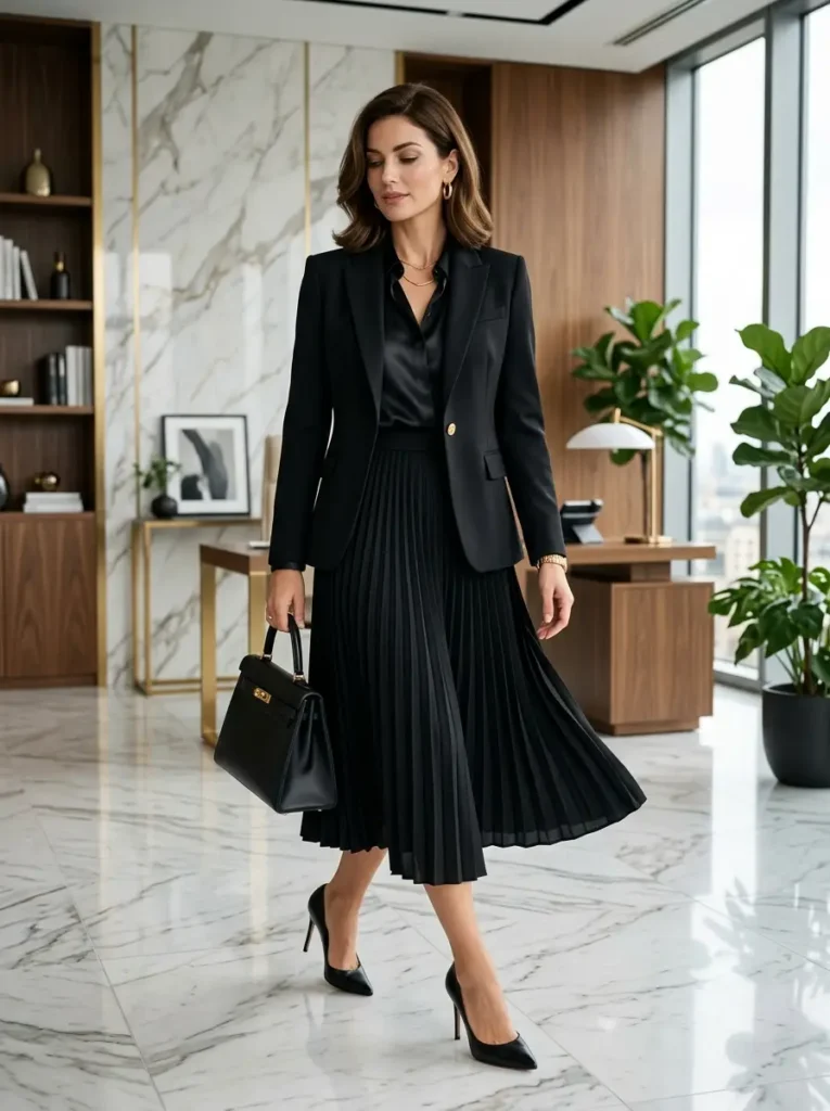 Black Pleated Midi Skirt with Fitted Blazer