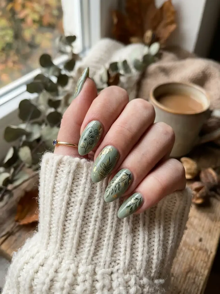 Botanical Green Leaf Nail Art