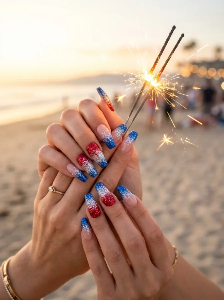 Red, White & Blue Swirl Nails