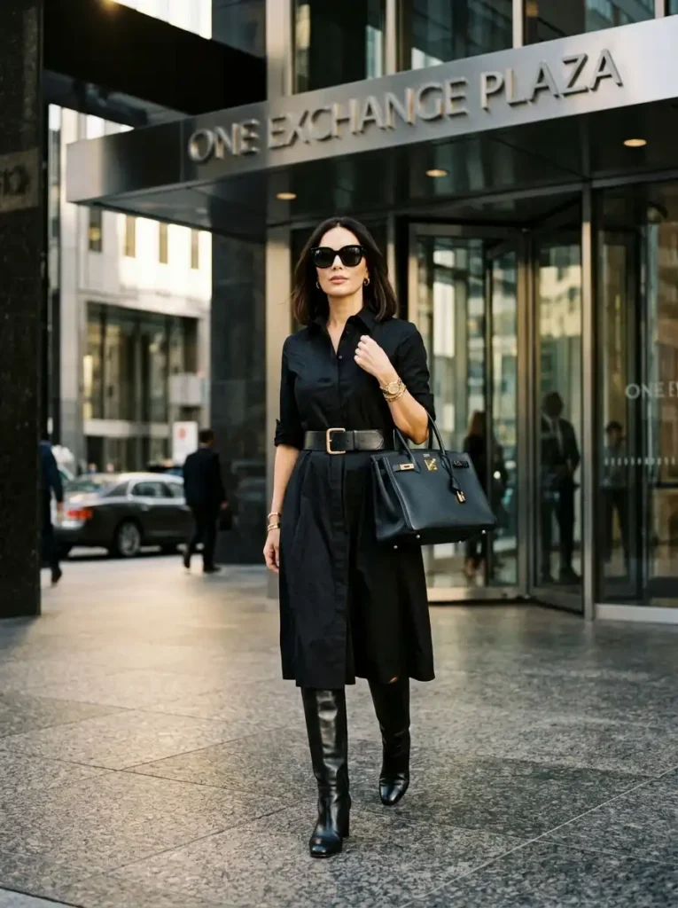 Black Shirt Dress with Knee-High Boots