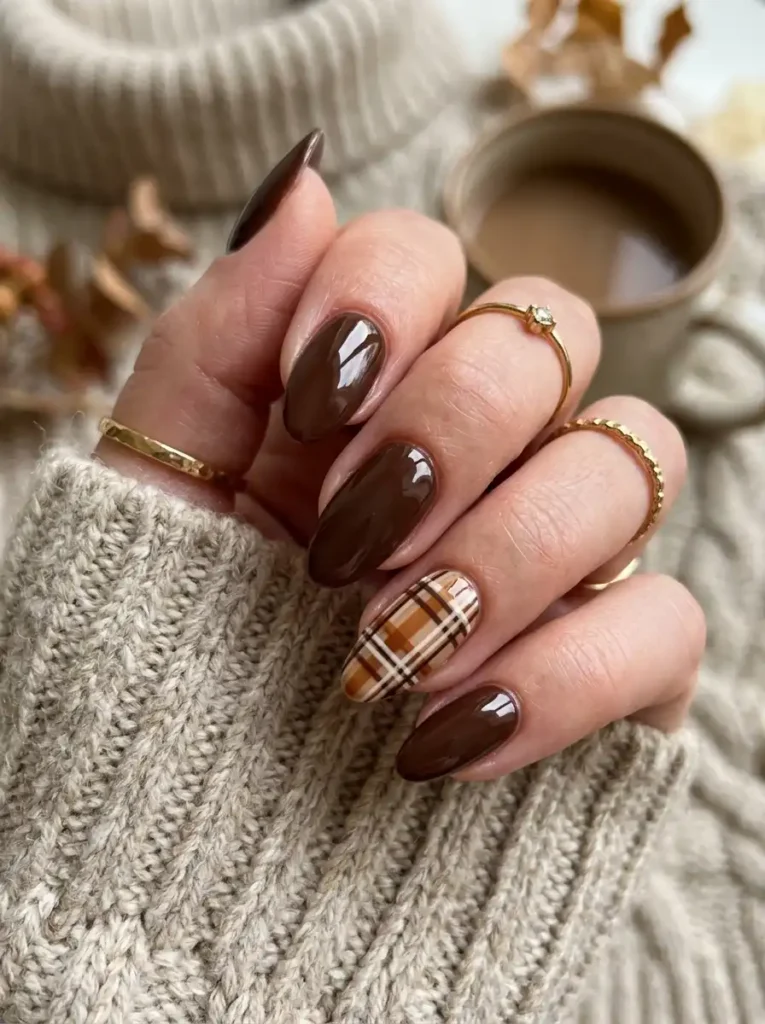 Brown Plaid Accent Nails