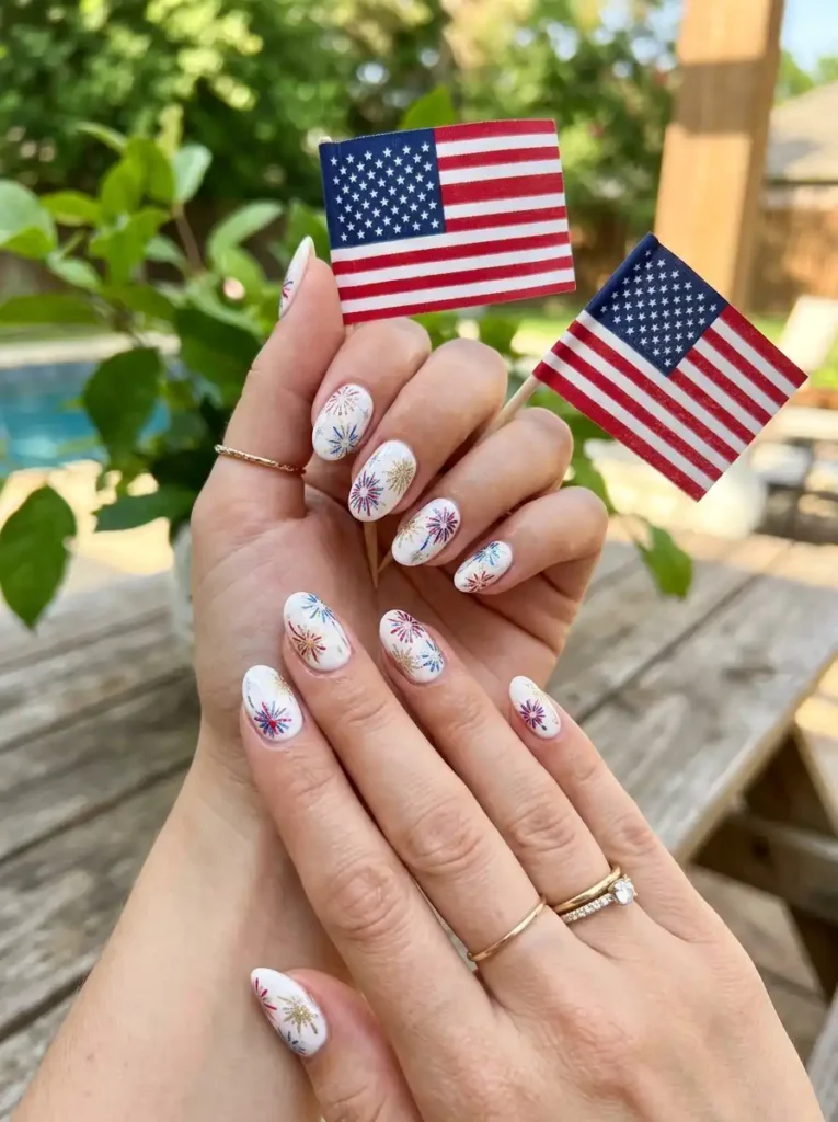 White Nails with Tiny Fireworks