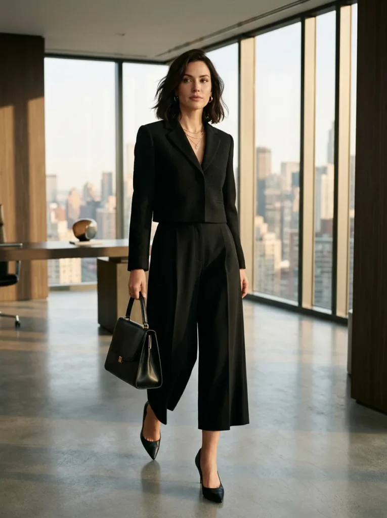 Black Cropped Blazer with High-Waisted Culottes