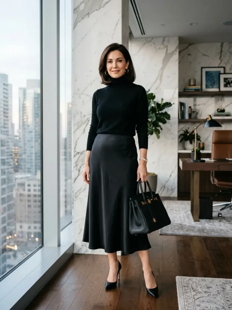 Black Turtleneck Sweater with Satin Midi Skirt