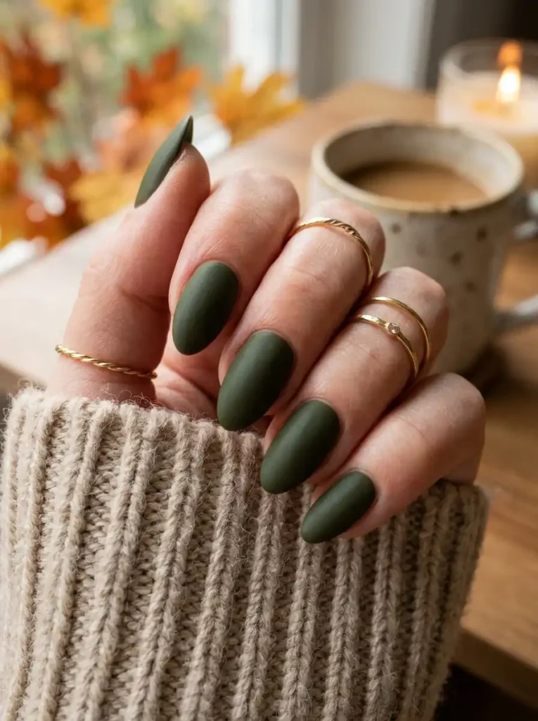 Dark Olive Green Matte Nails