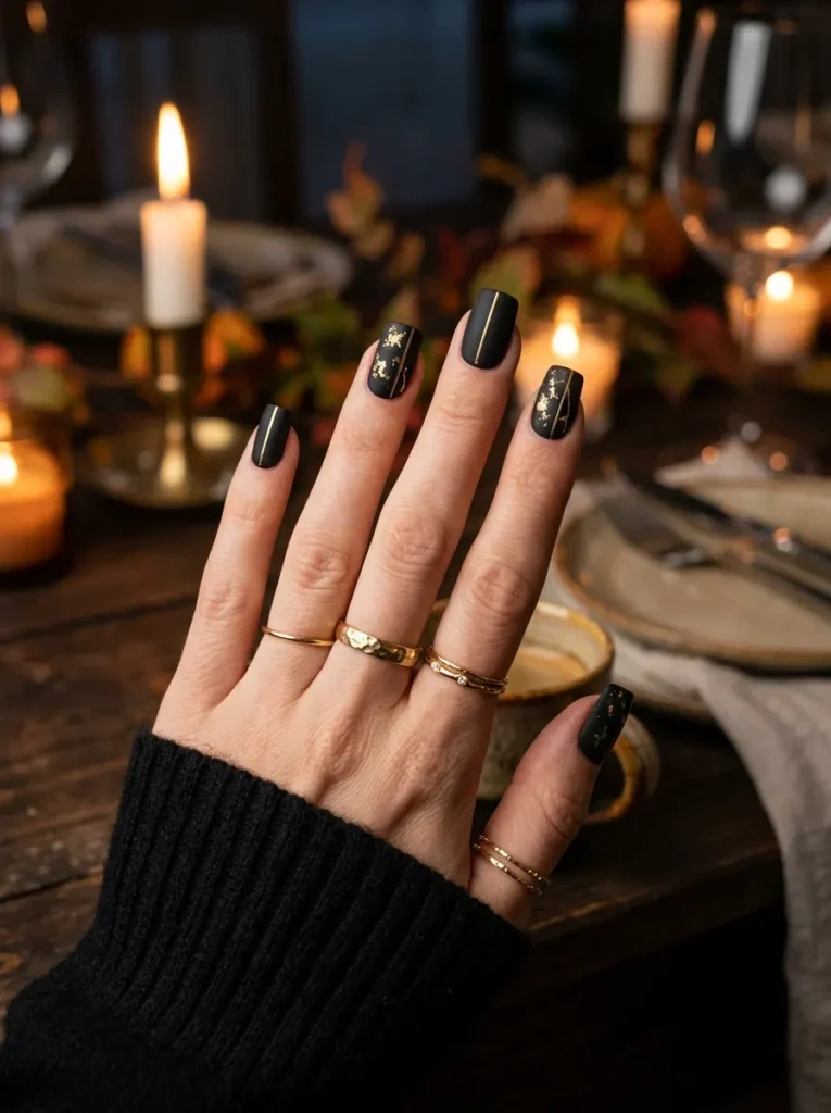 Matte Black and Gold Square Nails