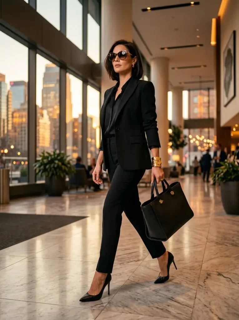 Black Monochrome Suit with Statement Accessories