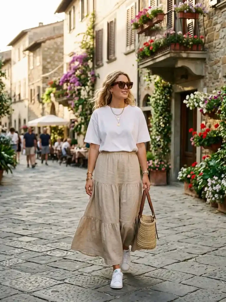 Oversized White Tee with Flowing Maxi Skirt
