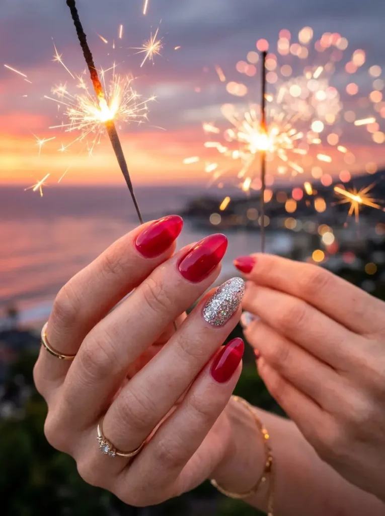 Red Jelly Nails with Silver Glitter