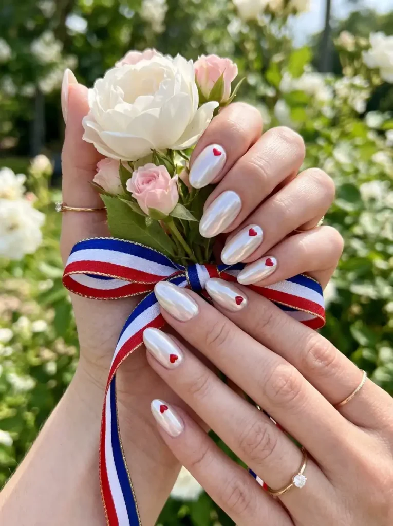  White Chrome Nails with Red Hearts