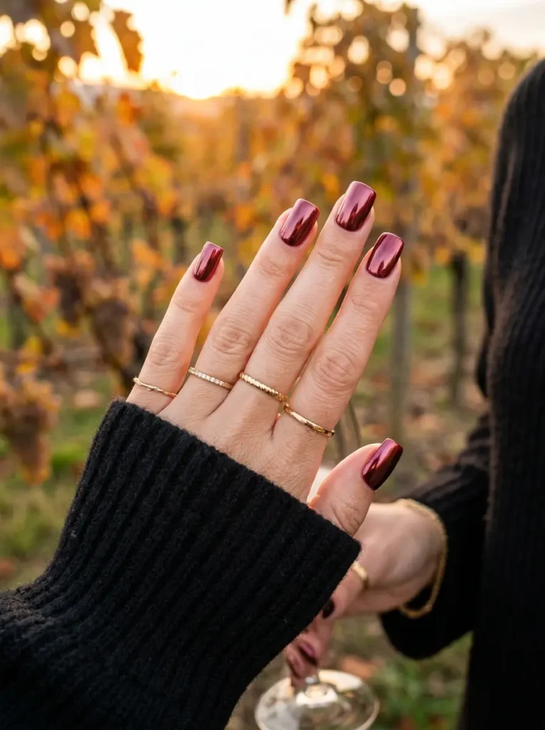 Burgundy Chrome Square Nails