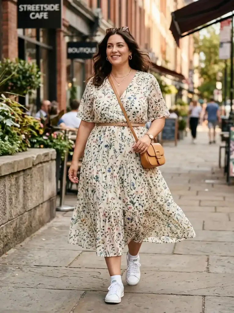  Flowy Midi Dress with White Sneakers