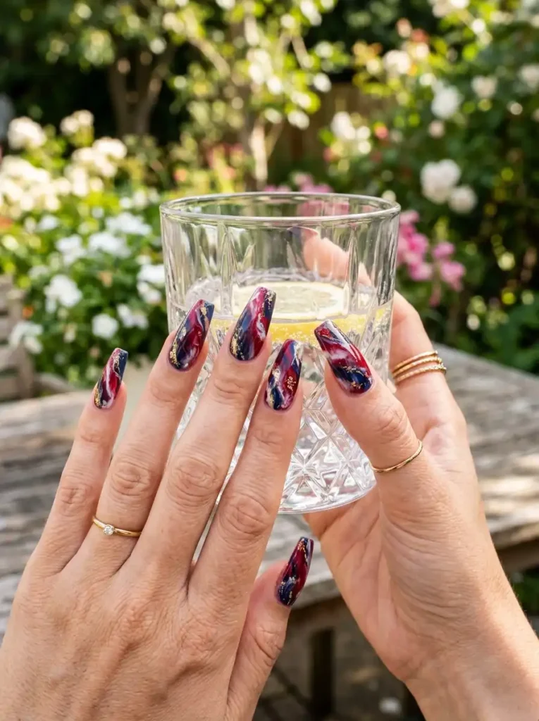  Red & Blue Marble Nails