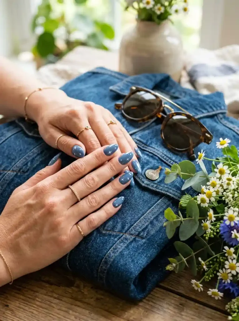  Denim Blue Nails with White Stars