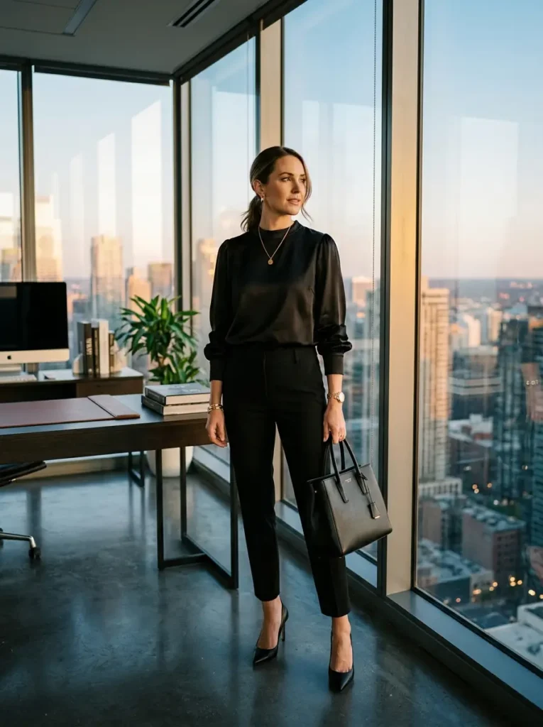 Black Satin Blouse with Tailored Cigarette Pants