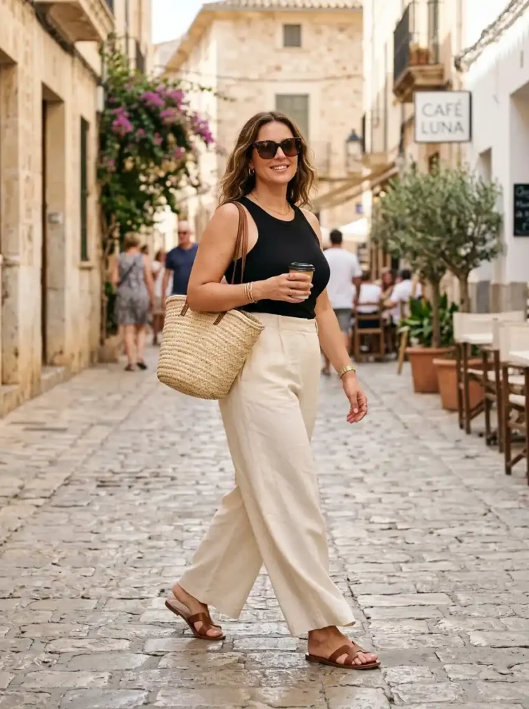  Black Tank Top + Wide-Leg Linen Pants