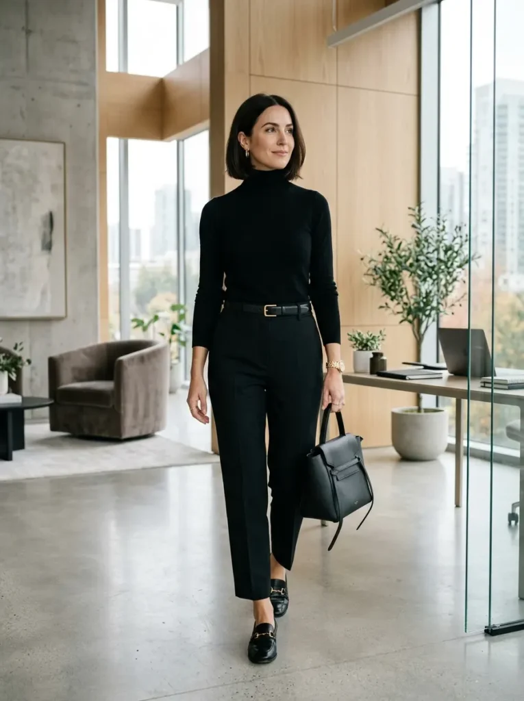 . Black Turtleneck with High-Waisted Trousers