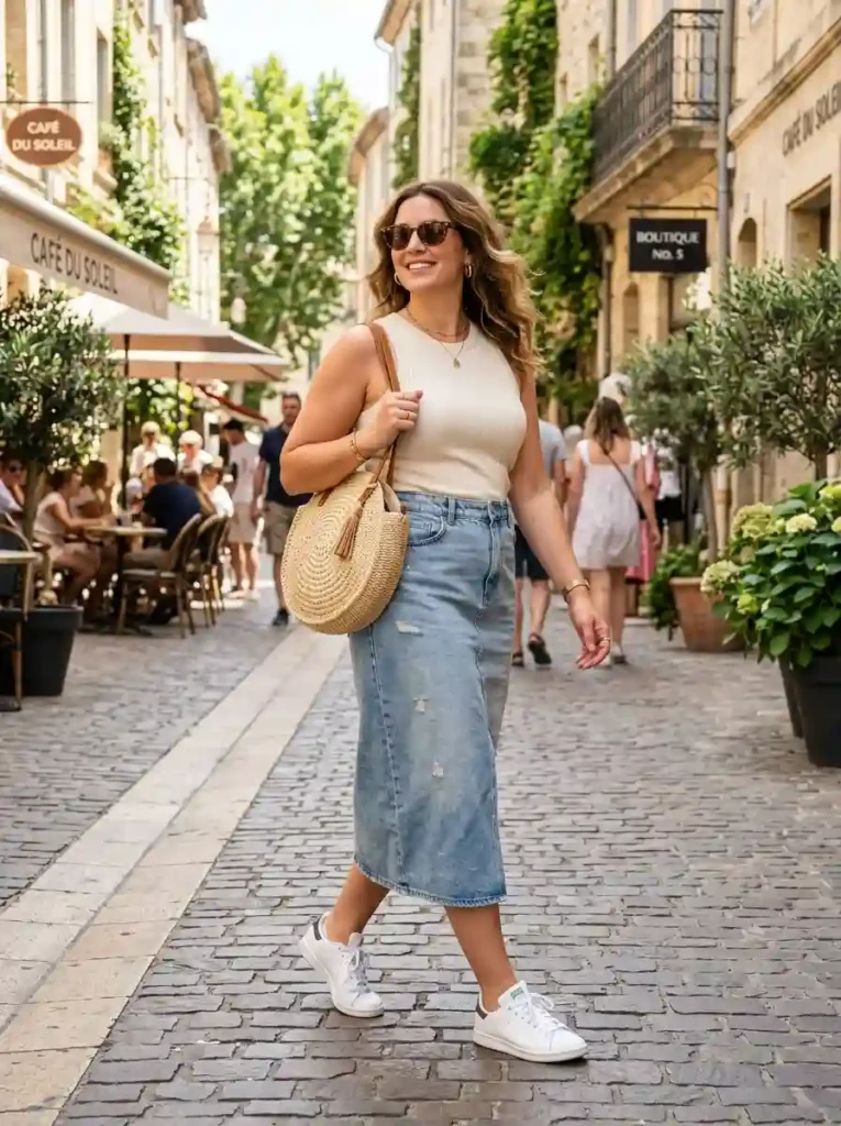 Denim Skirt + Lightweight Knit Tank