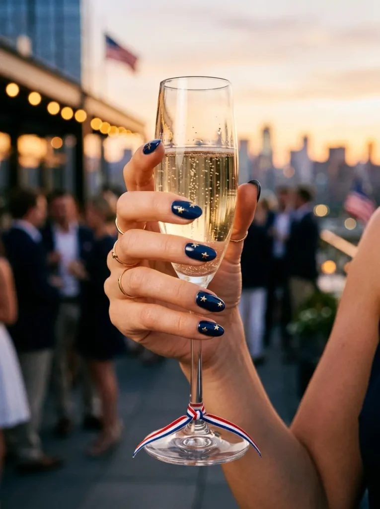 Navy Blue Nails with Gold Stars