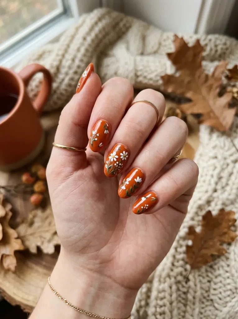 Orange and Gold Leaf Accent Nails