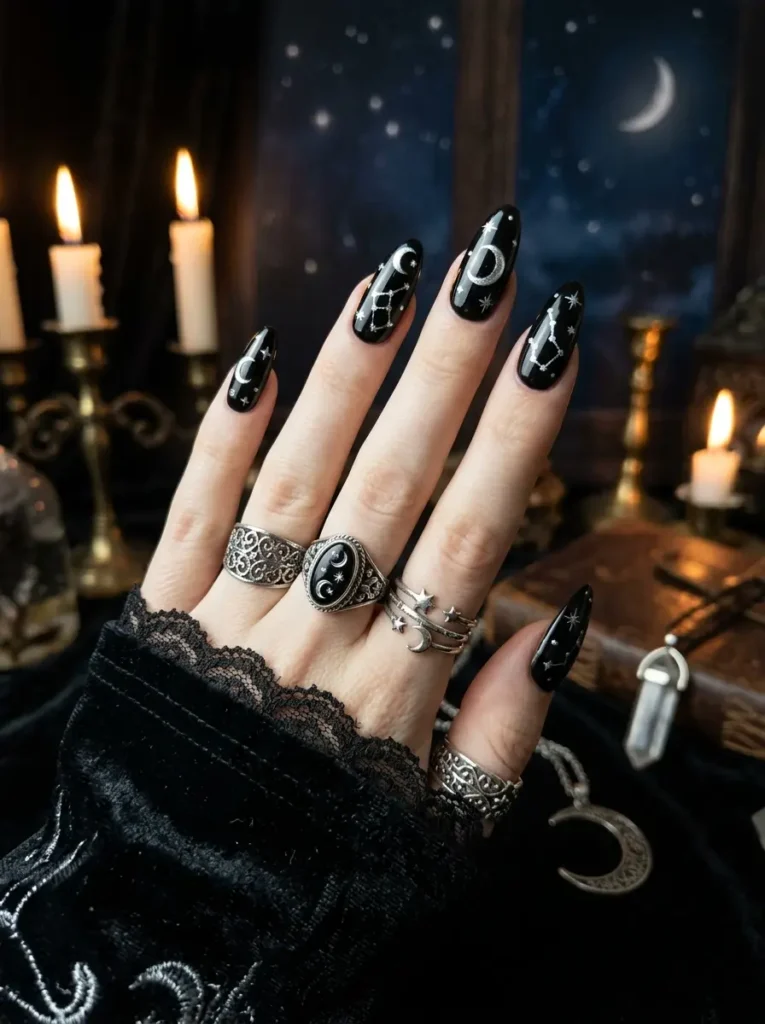 Celestial Black and Silver Nails