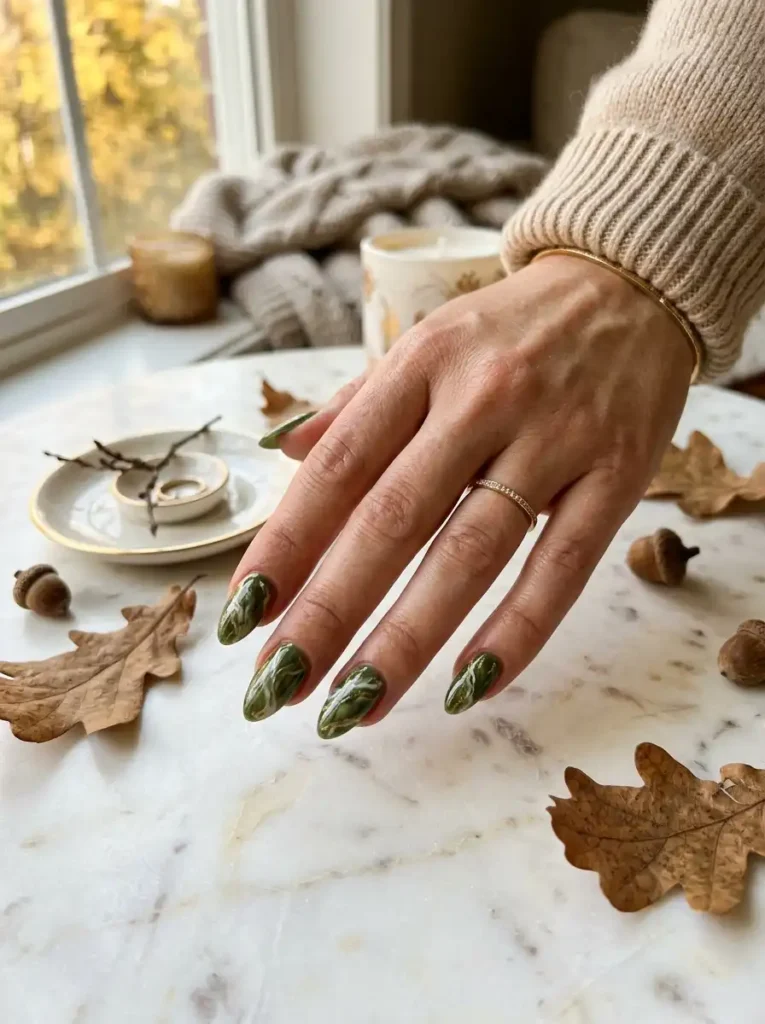 Moss Green Marble Nails