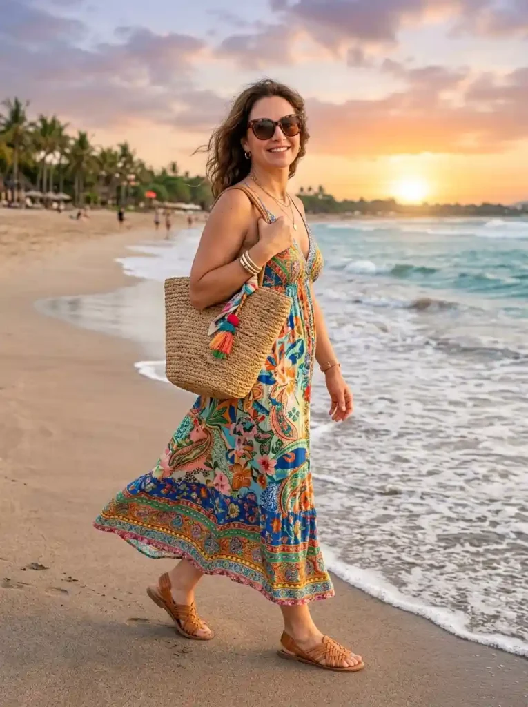 Printed Maxi Dress with Flat Sandals