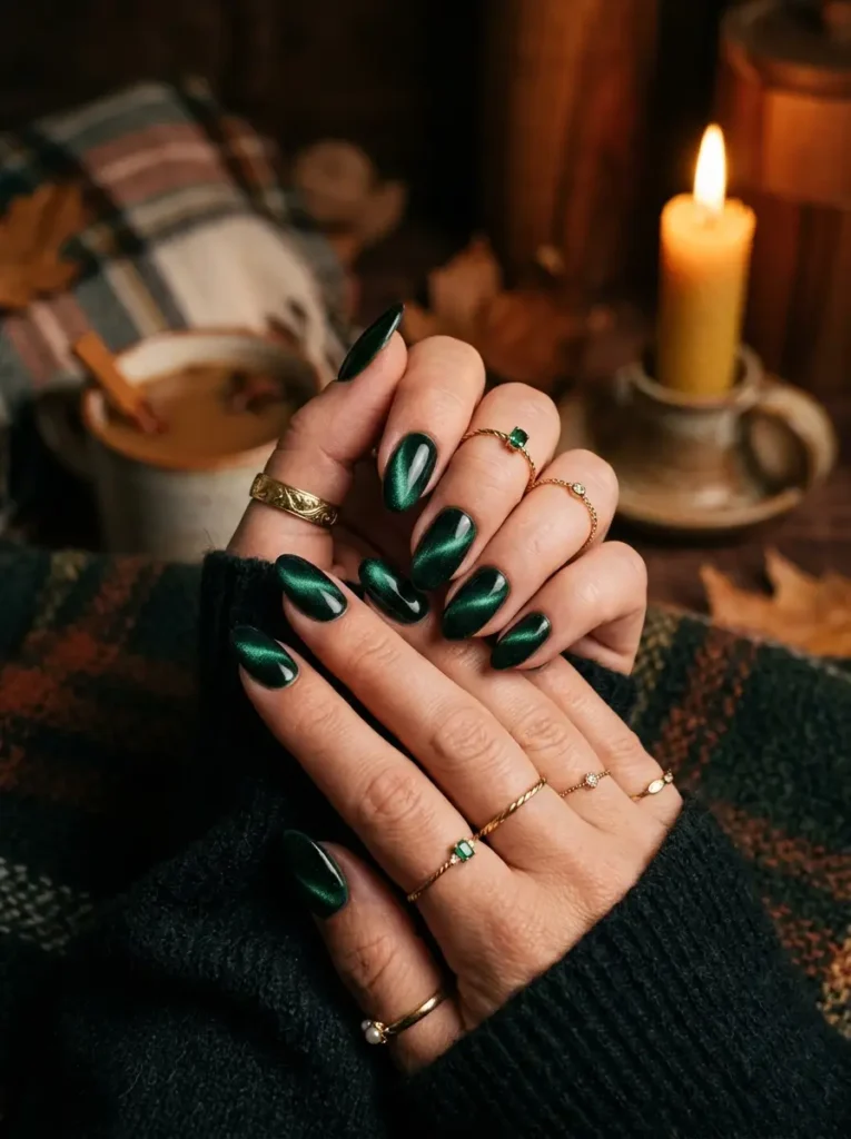 Dark Green Velvet Cat-Eye Nails