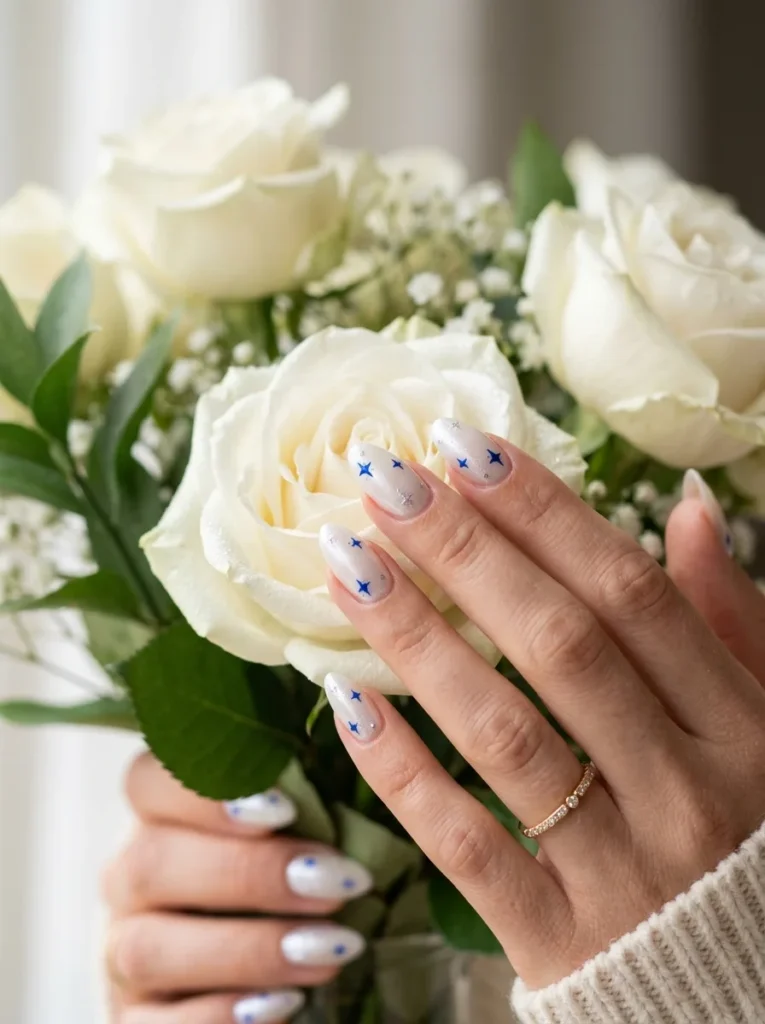 White Pearl Nails with Tiny Blue Stars