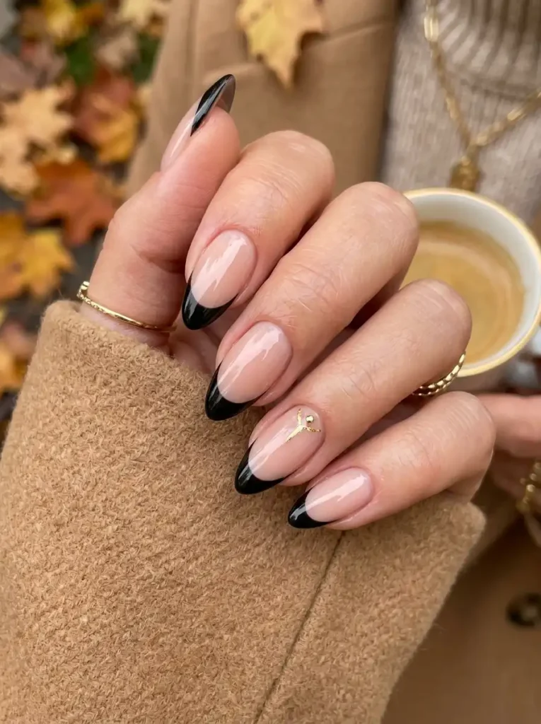 Black French Tips with Glossy Nude Base