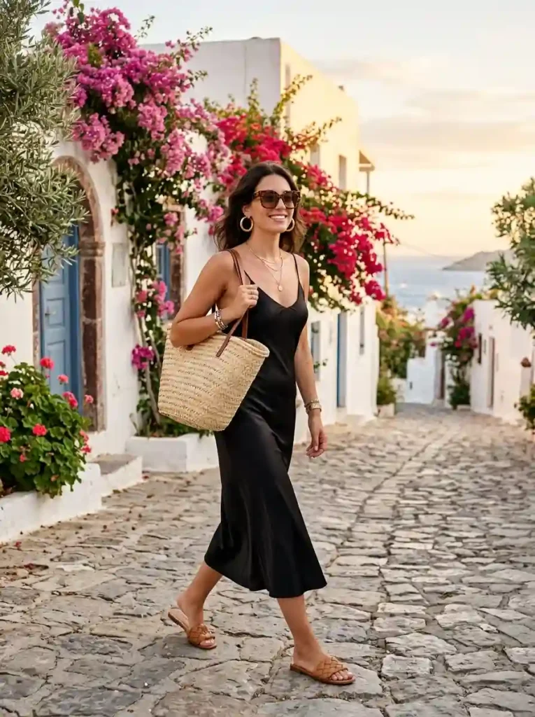 Black Slip Dress with Woven Accessories