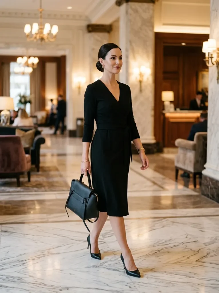 Black Wrap Midi Dress with Classic Pumps