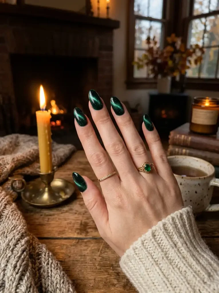 Green and Gold Leaf Accent Nails