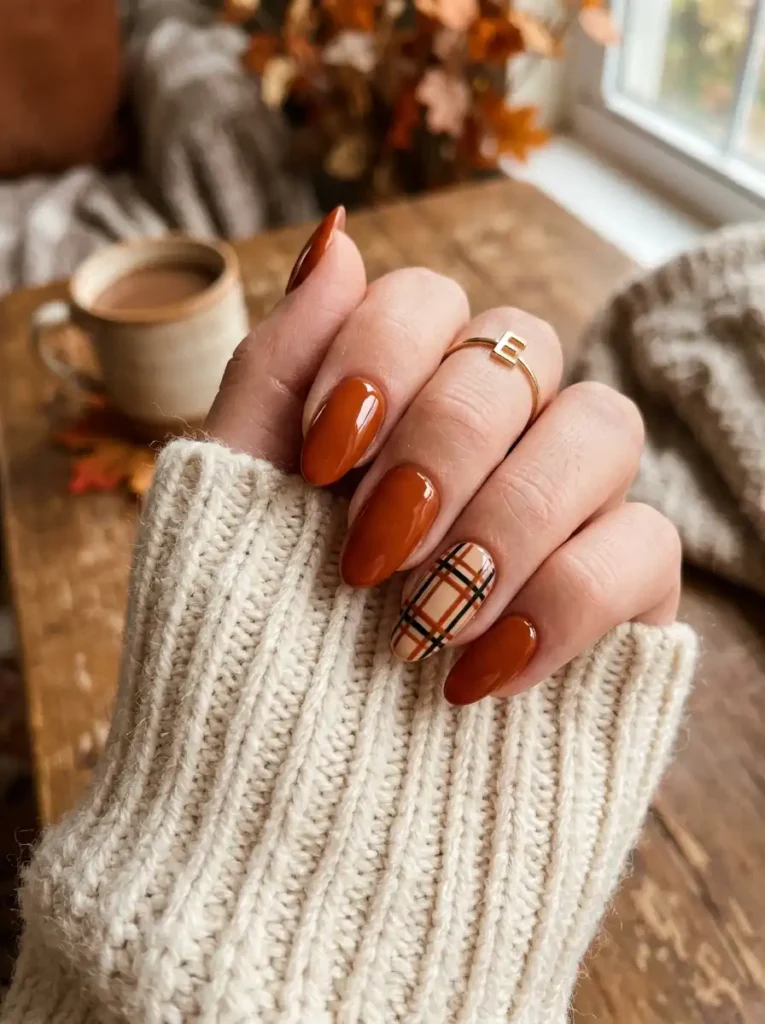 Orange Plaid Accent Nails