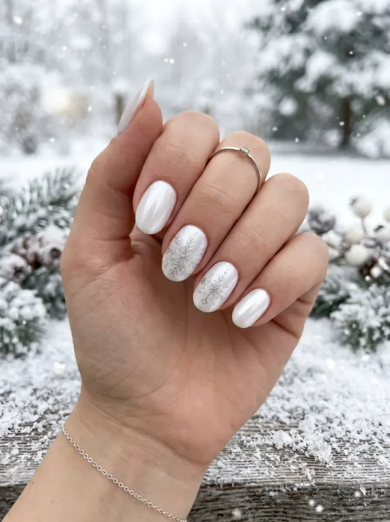 White Glazed Nails with Snowflake Detail