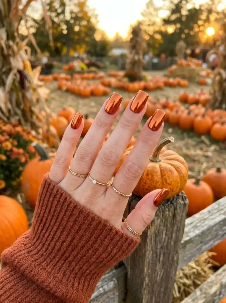 Burnt Orange Chrome Square Nails