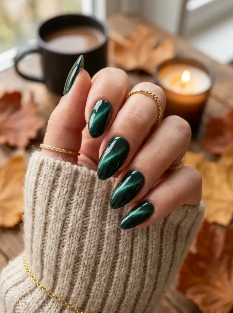 Dark Emerald Cat-Eye Nails