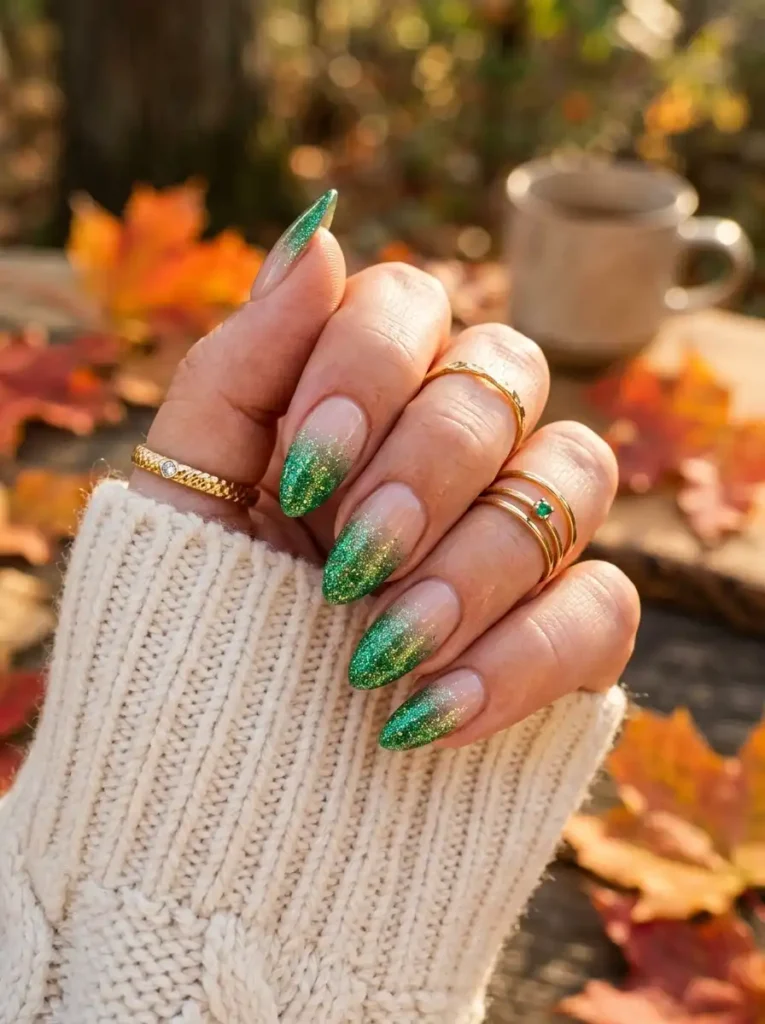 Emerald Glitter Ombre Nails