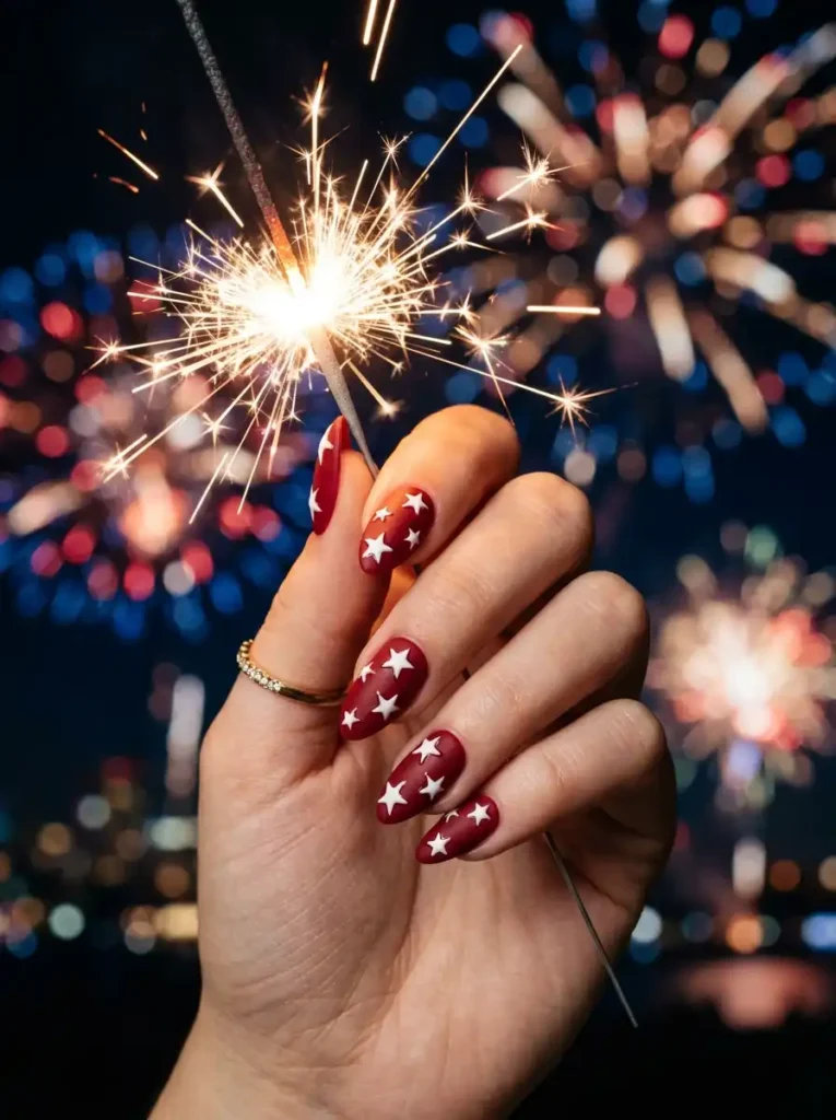 Matte Red Nails with Glossy Star Details