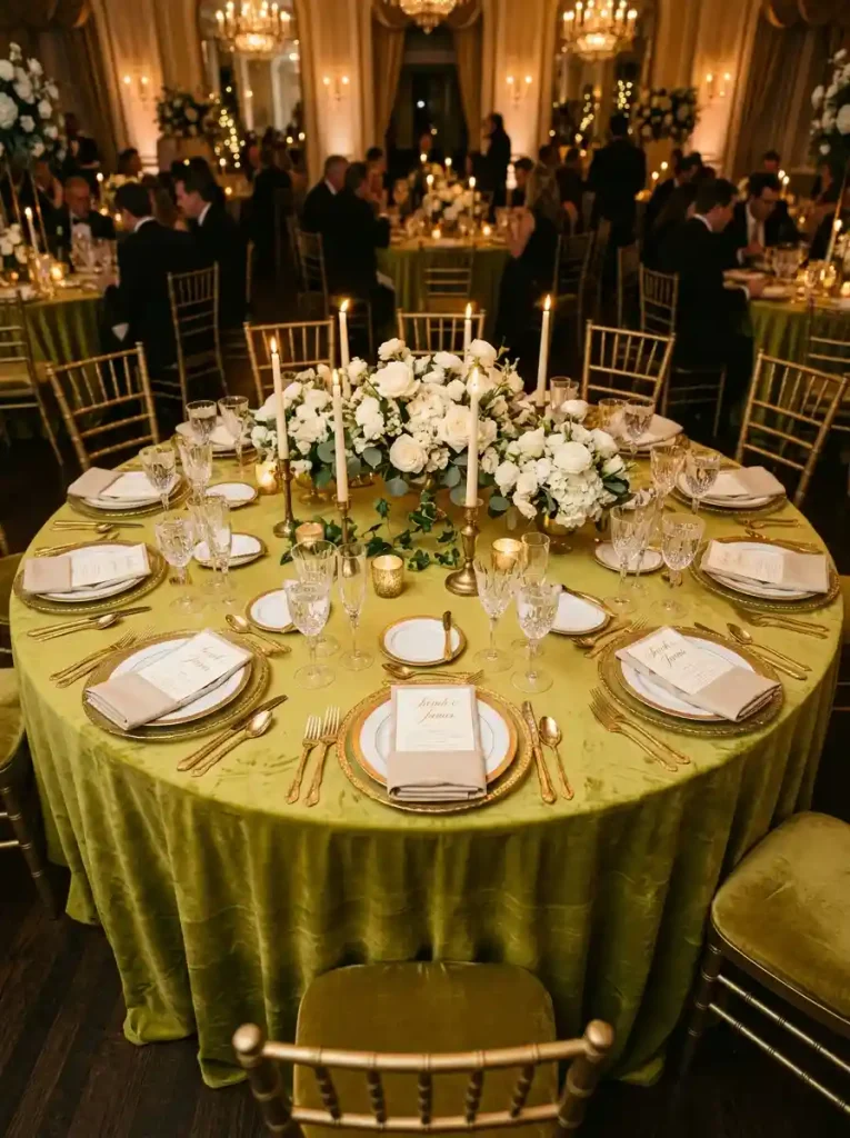 Floor-Length Chartreuse Velvet Table Linens