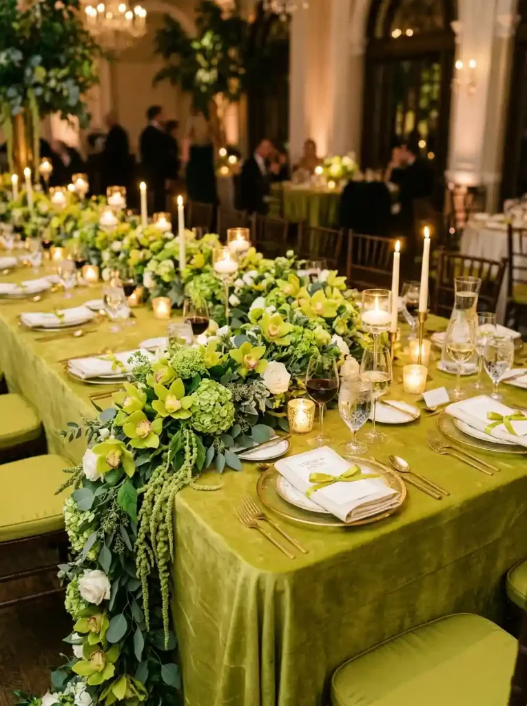 1. Monochromatic Velvet & Chartreuse Floral Runner