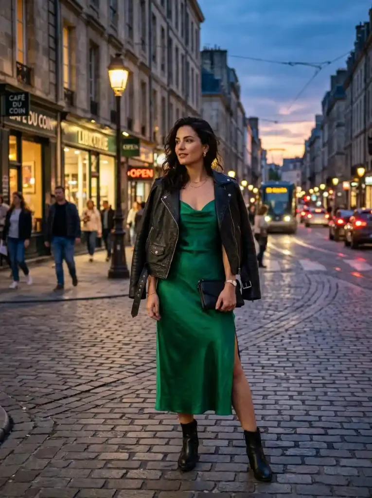 Leather Moto Jackets over Bias-Cut Silk