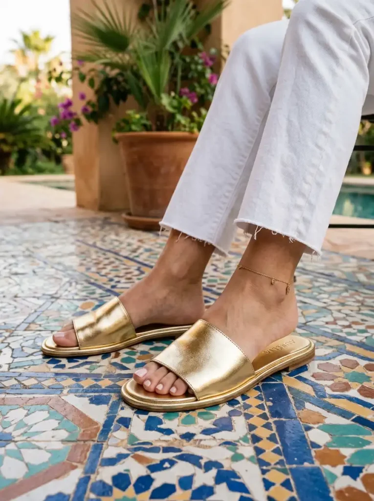 Metallic Leather Slides with White Denim