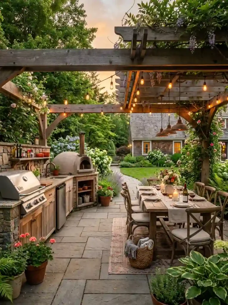 Backyard Kitchen with Dining Pergola