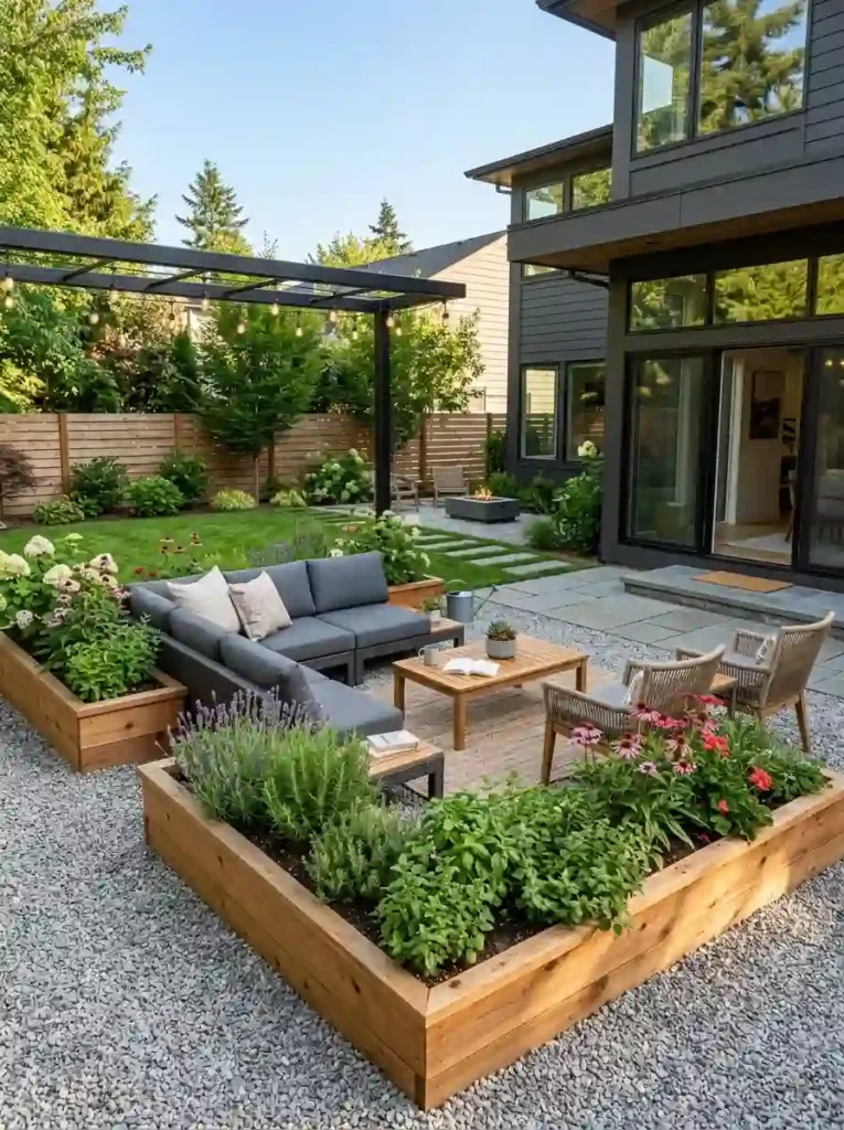Gravel Patio with Raised Planters