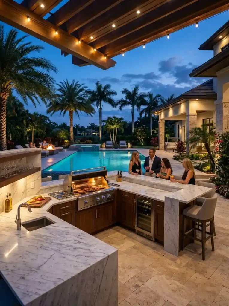Luxury Outdoor Kitchen with Pool Views